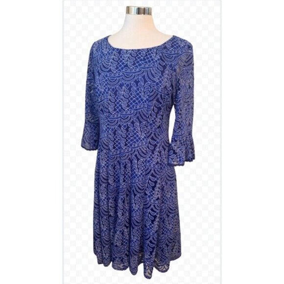 Chris McLaughlin Dress Womens 10 Royal Blue Midi Lace Overlay Flutter Sleeves M - Picture 6 of 13